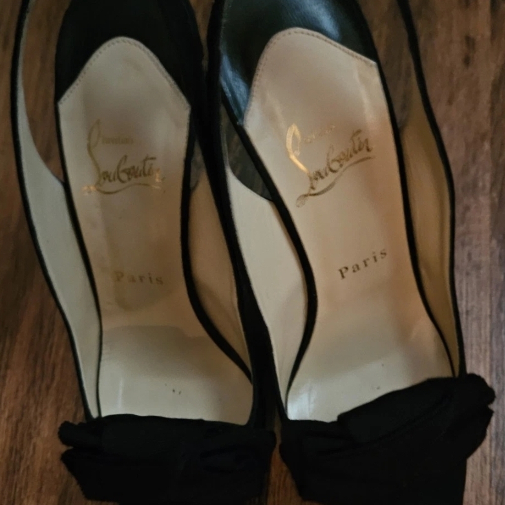 Christian Louboutin Black Slingback Heels With Elegant Peeptoe Rosette Design